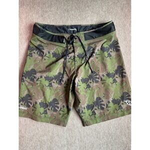 Da Hui Mens Board Shorts Green Brown Monstera Leaf Camo Swim Trunks Size 38